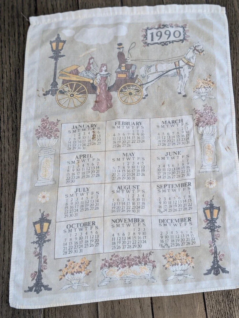 Vintage 1990 Calendar Tea Towel Horse Carriage Cottagecore Victorian Farmhouse